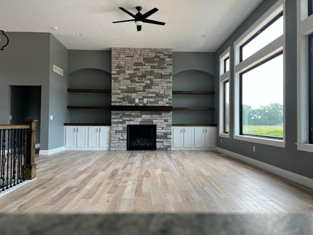 open living room with fireplace
